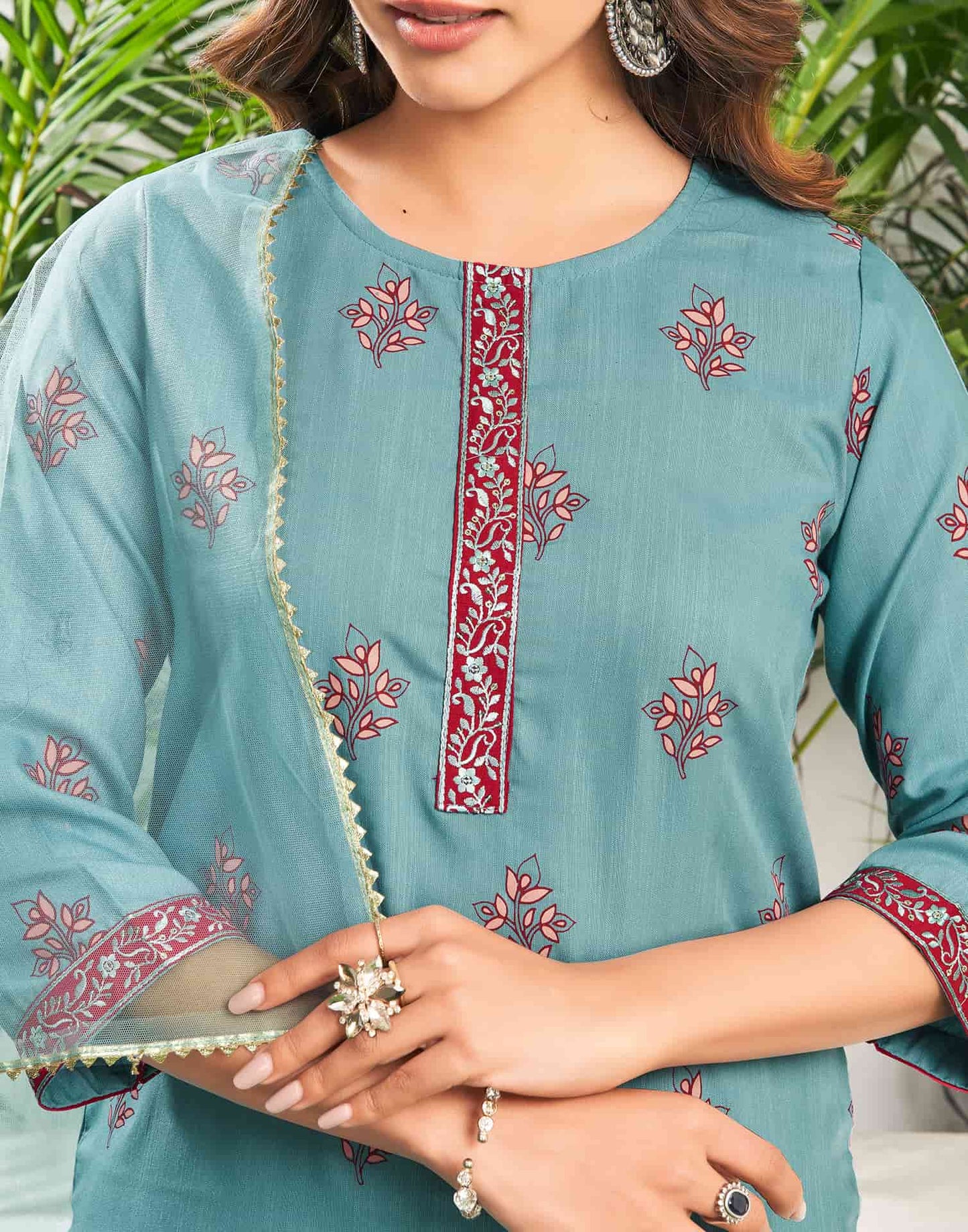 Cotton Blend Embroidered Straight Kurta with Pant & Dupatta