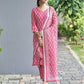 Pink Silk Printed V Neck 3/4 Sleeve Straight Kurta Set With Pant & Dupatta