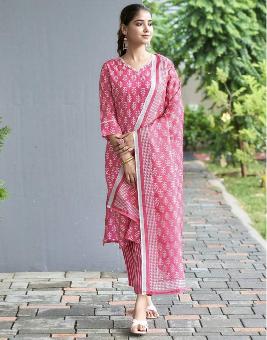 Pink Silk Printed V Neck 3/4 Sleeve Straight Kurta Set With Pant & Dupatta