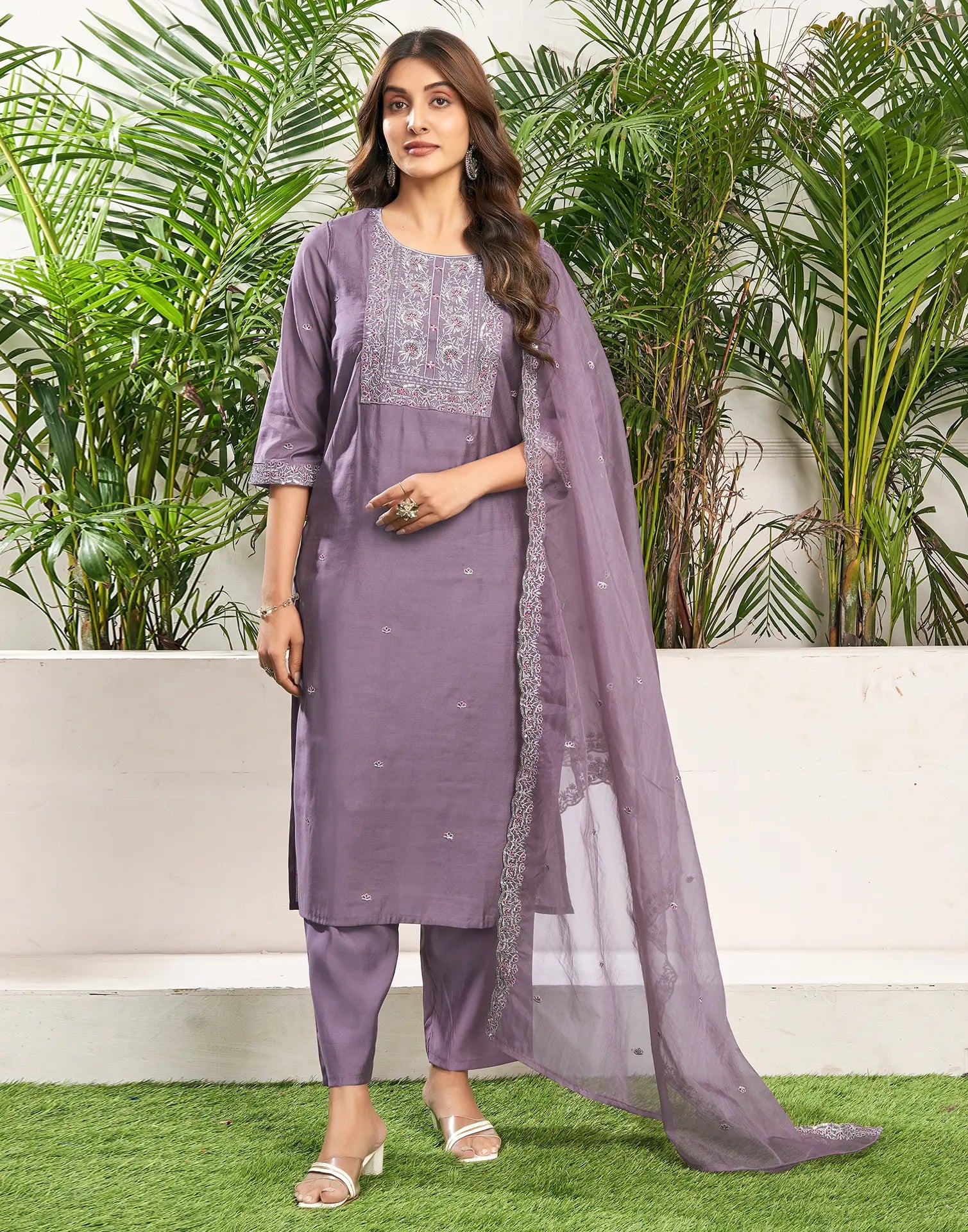 Silk Blend Embroidered Straight 3 Piece Kurta Set
