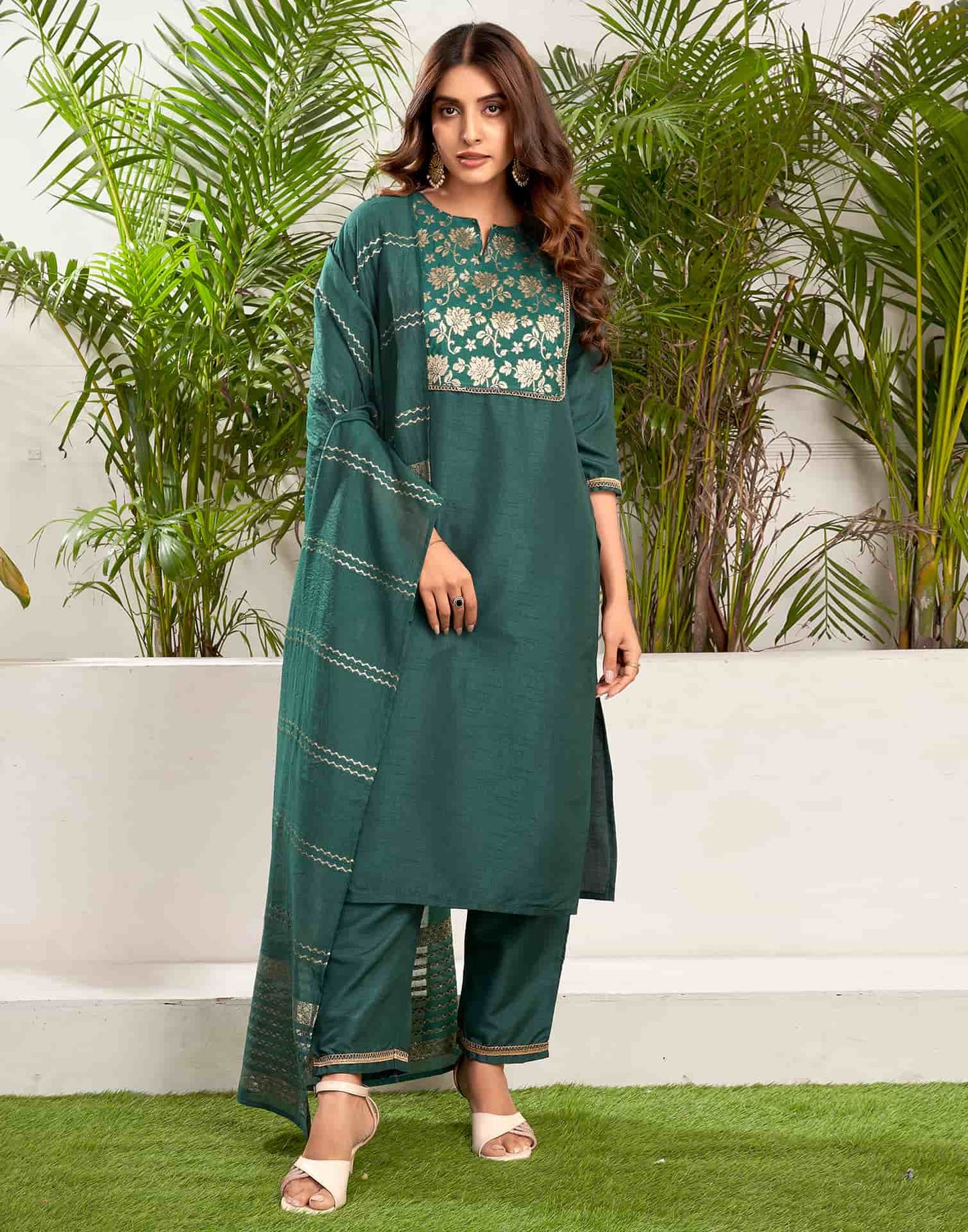 Silk Blend Woven Straight Kurta with Pant & Dupatta