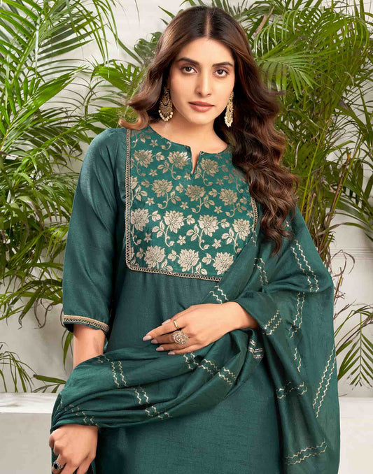 Silk Blend Woven Straight Kurta with Pant & Dupatta