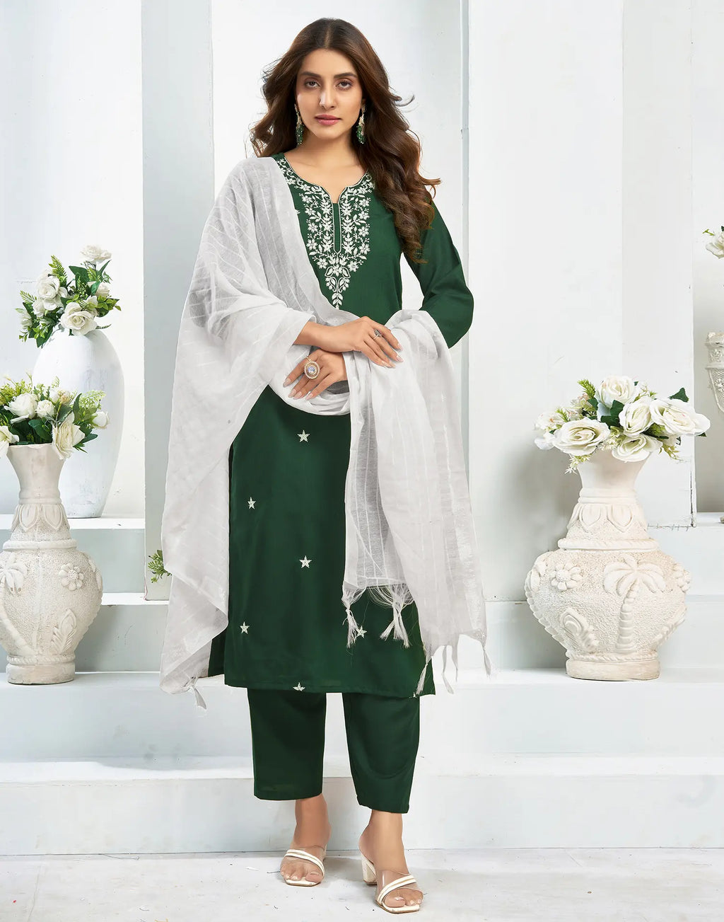 Cotton Blend Embroidered Straight 3 Piece Kurta Set