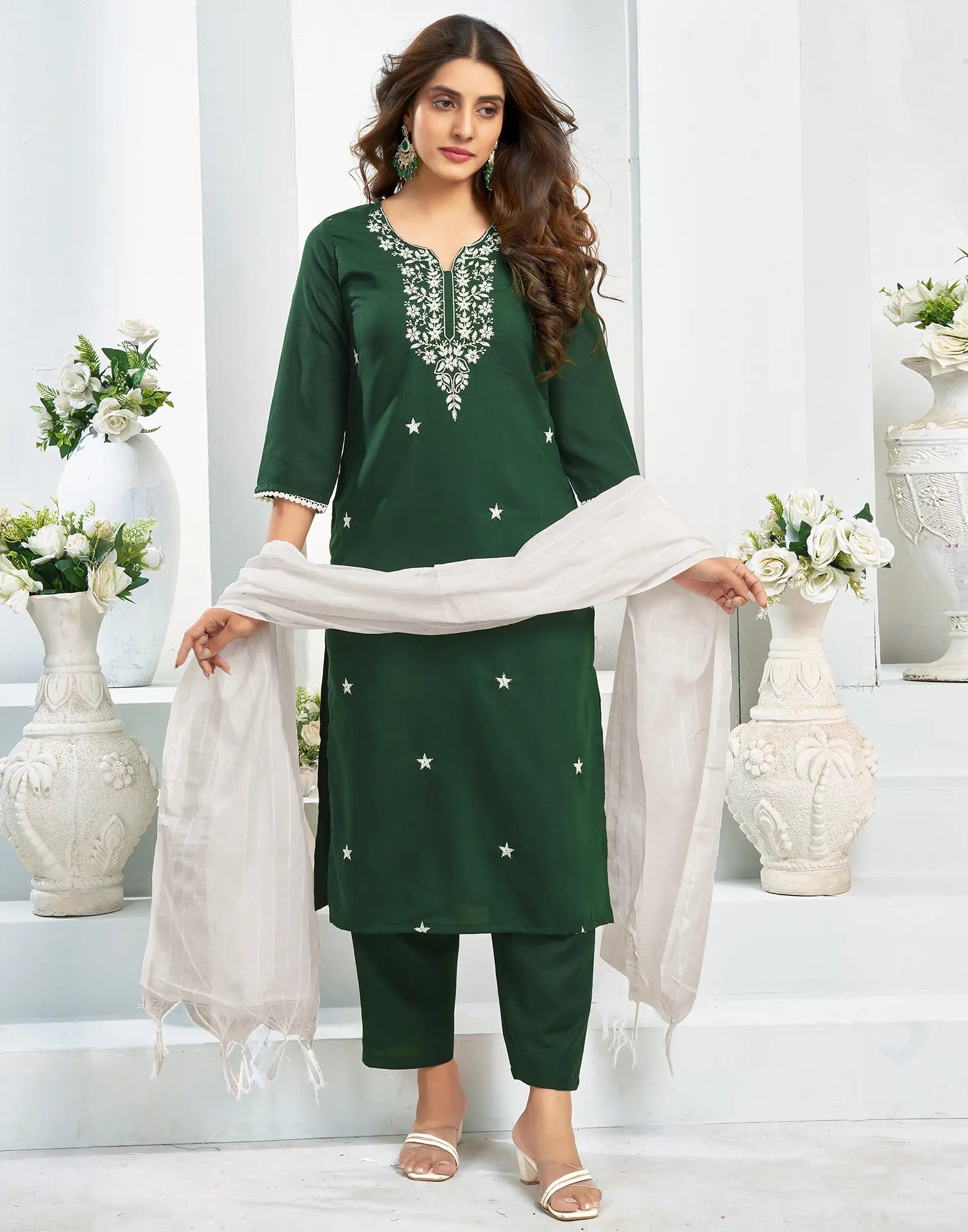 Cotton Blend Embroidered Straight 3 Piece Kurta Set
