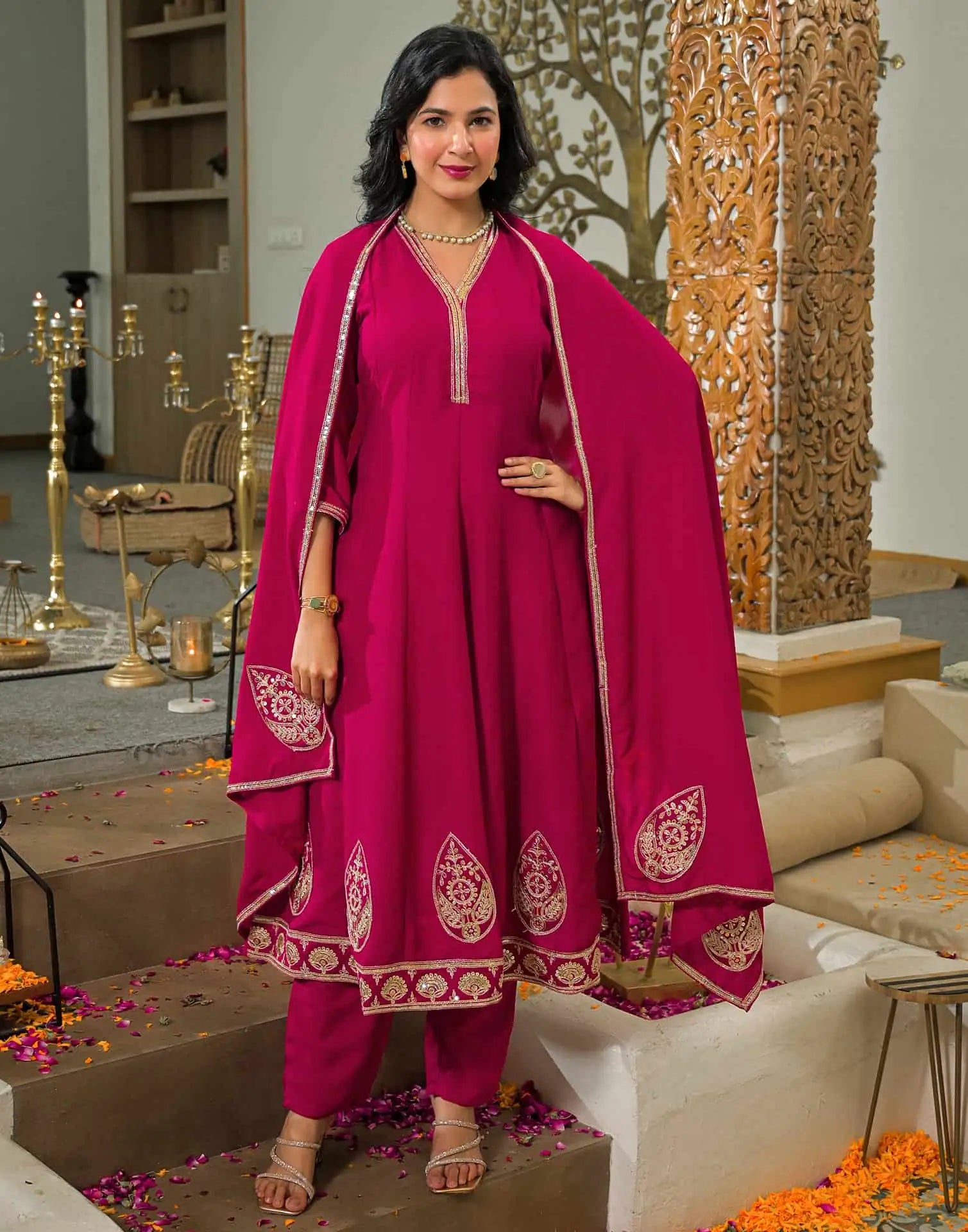 Affordable Pink Silk Embroidered Anarkali Kurta Set V-Neck Silk Kurti with Pant & Dupatta