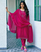 Silk Blend Embroidered Straight 3 Piece Kurta Set