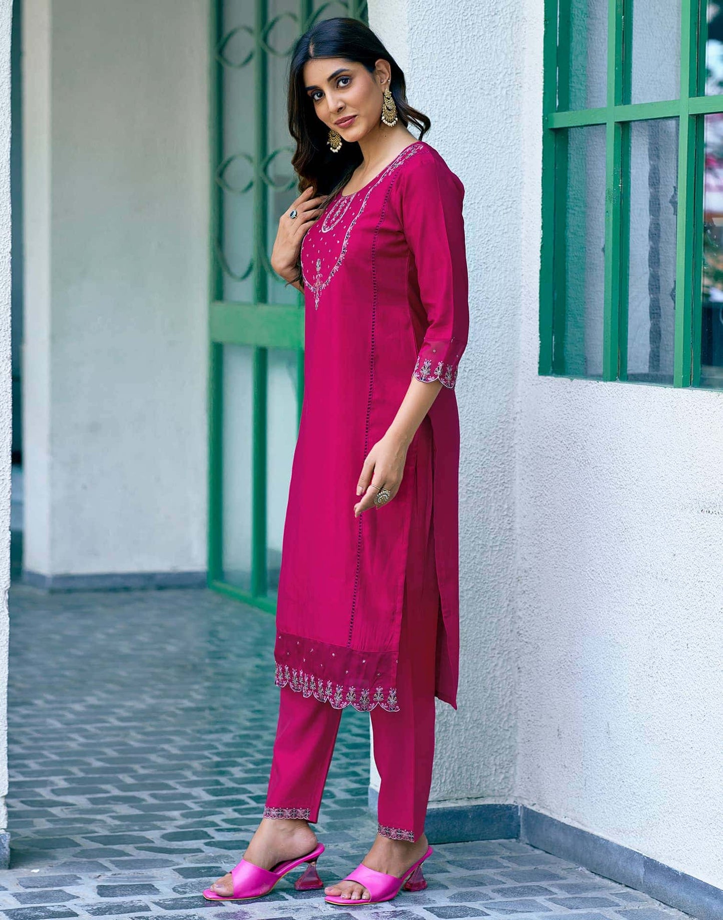 Silk Dyed, Sequence Embroidery Work, Embroidered Fabric Lace and Cotton Lace Straight Kurta with Pant & Dupatta