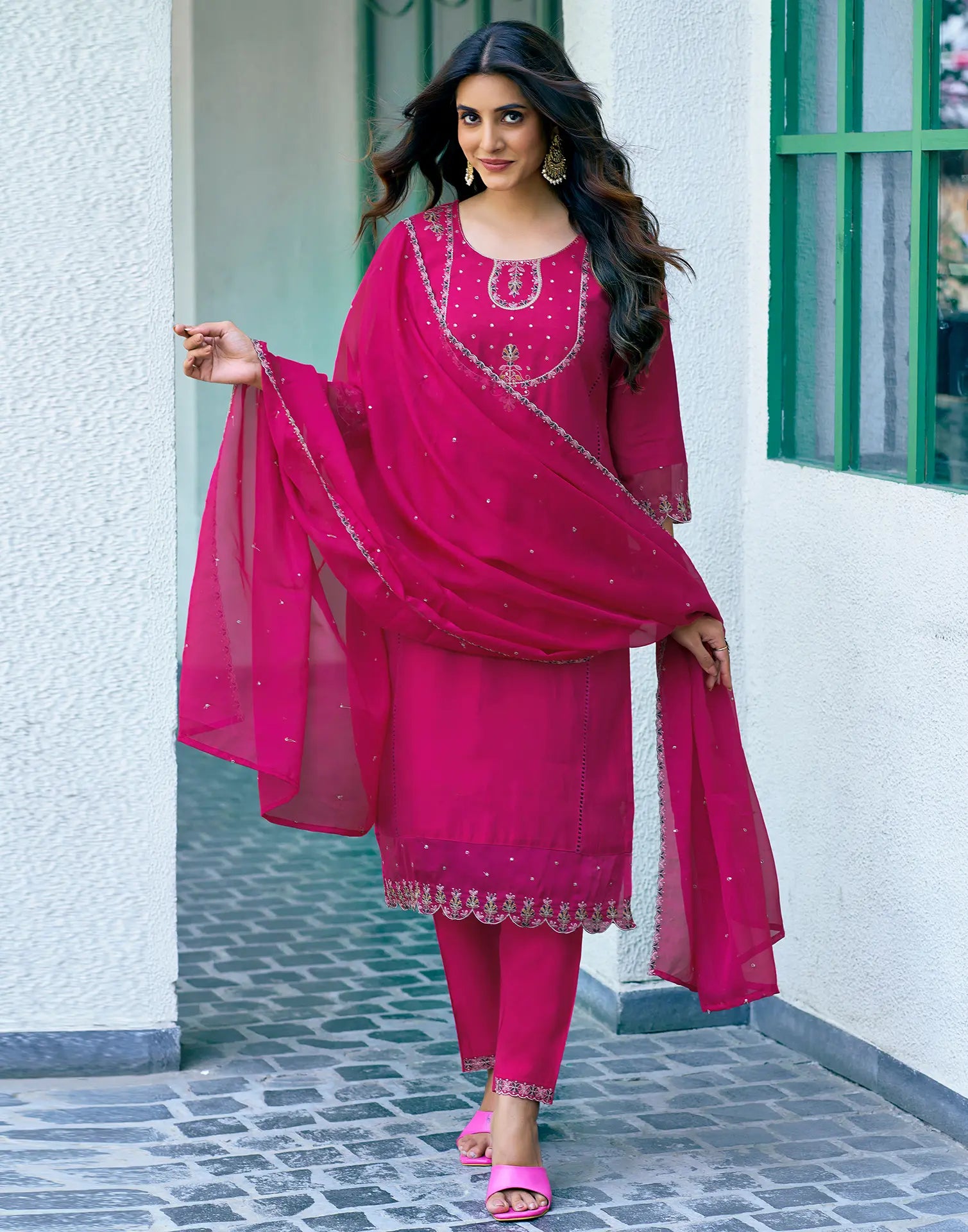 Silk Blend Embroidered Straight 3 Piece Kurta Set