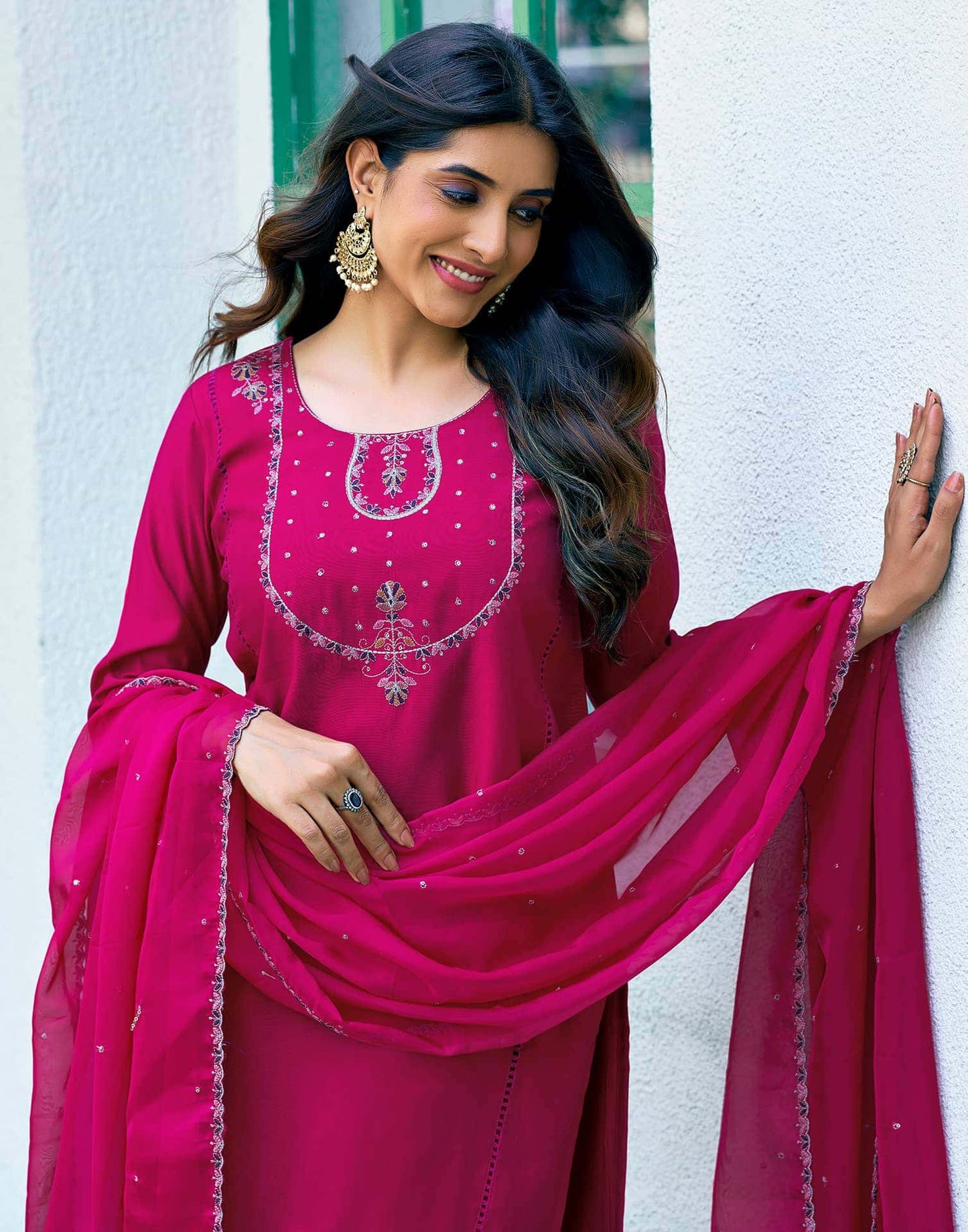 Silk Dyed, Sequence Embroidery Work, Embroidered Fabric Lace and Cotton Lace Straight Kurta with Pant & Dupatta