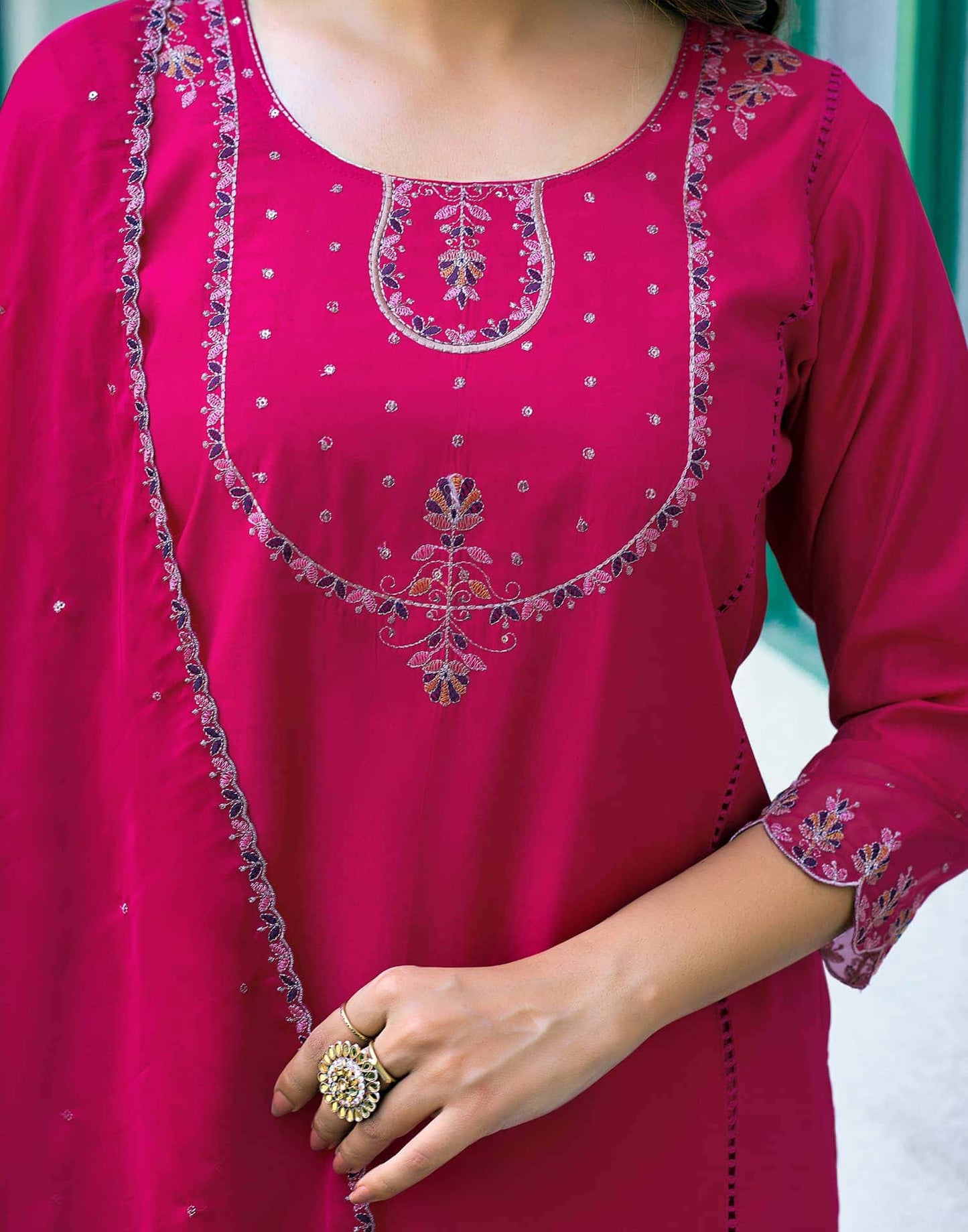 Silk Dyed, Sequence Embroidery Work, Embroidered Fabric Lace and Cotton Lace Straight Kurta with Pant & Dupatta