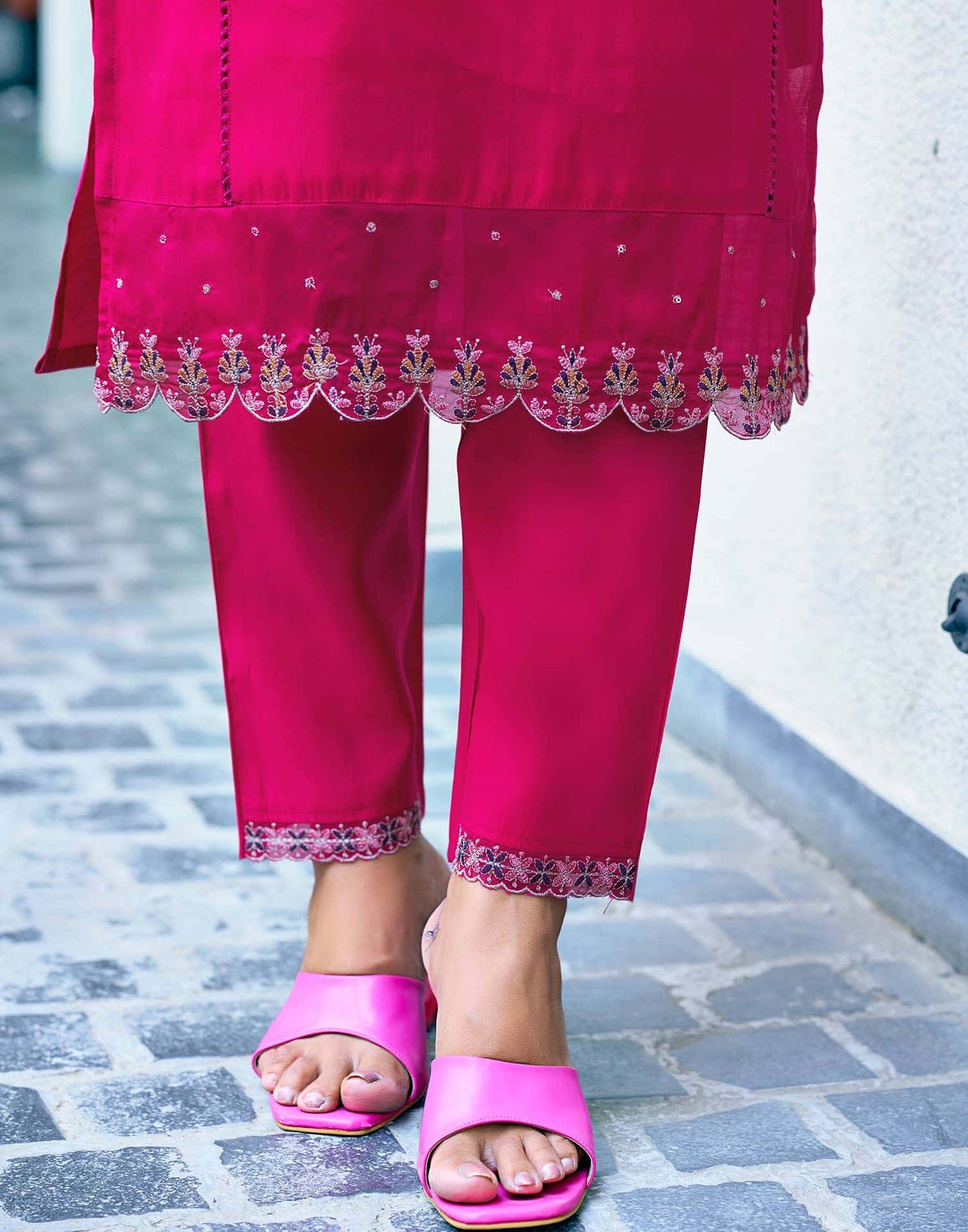Silk Dyed, Sequence Embroidery Work, Embroidered Fabric Lace and Cotton Lace Straight Kurta with Pant & Dupatta
