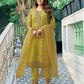 Mustard Yellow Silk Plain Round Neck 3/4 Sleeve Straight Kurta Set With Pant & Dupatta