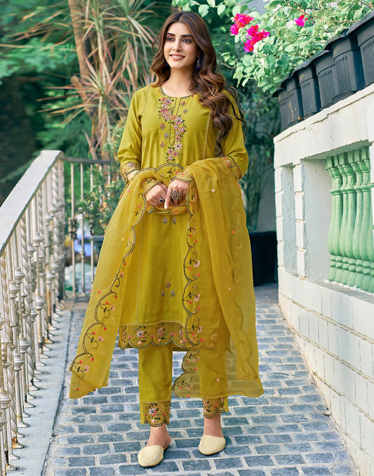 Olive Green- Yellow Round Neck Embellished Straight 3 Piece Kurta Set With Dupatta