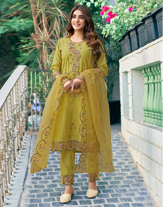 Mustard Yellow Silk Plain Round Neck 3/4 Sleeve Straight Kurta Set With Pant & Dupatta