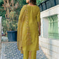 Mustard Yellow Silk Plain Round Neck 3/4 Sleeve Straight Kurta Set With Pant & Dupatta