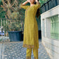 Mustard Yellow Silk Plain Round Neck 3/4 Sleeve Straight Kurta Set With Pant & Dupatta