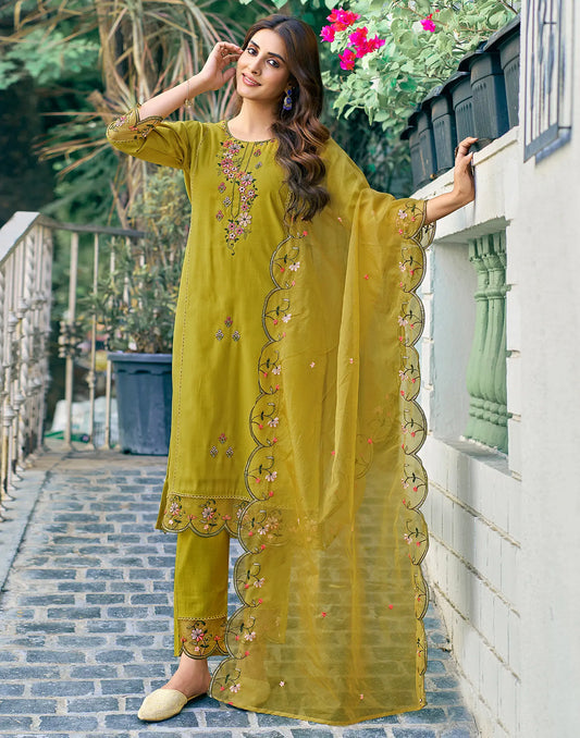 Olive Green- Yellow Round Neck Embellished Straight 3 Piece Kurta Set With Dupatta