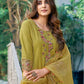 Mustard Yellow Silk Plain Round Neck 3/4 Sleeve Straight Kurta Set With Pant & Dupatta