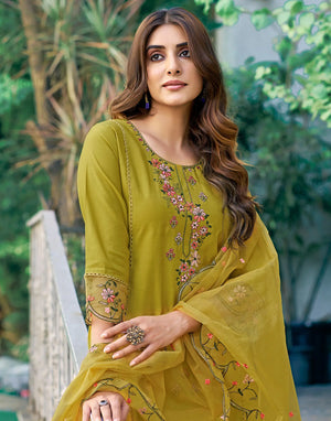 Olive Green- Yellow Round Neck Embellished Straight 3 Piece Kurta Set With Dupatta