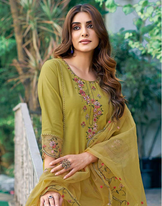 Mustard Yellow Silk Plain Round Neck 3/4 Sleeve Straight Kurta Set With Pant & Dupatta