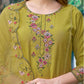 Mustard Yellow Silk Plain Round Neck 3/4 Sleeve Straight Kurta Set With Pant & Dupatta