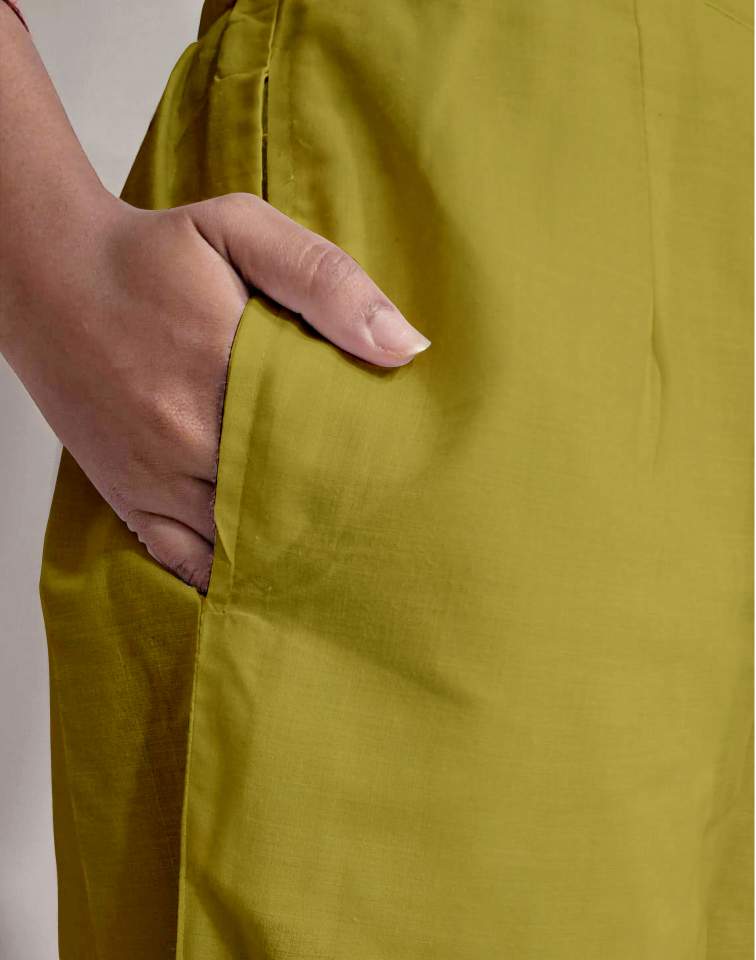 Mustard Yellow Silk Plain Round Neck 3/4 Sleeve Straight Kurta Set With Pant & Dupatta