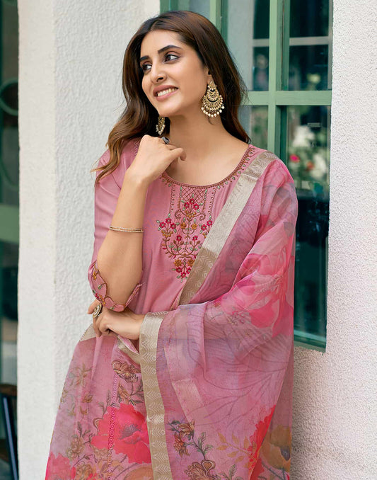 Silk Blend Sequence and Embroidery Work Straight Kurta with Pant & Dupatta