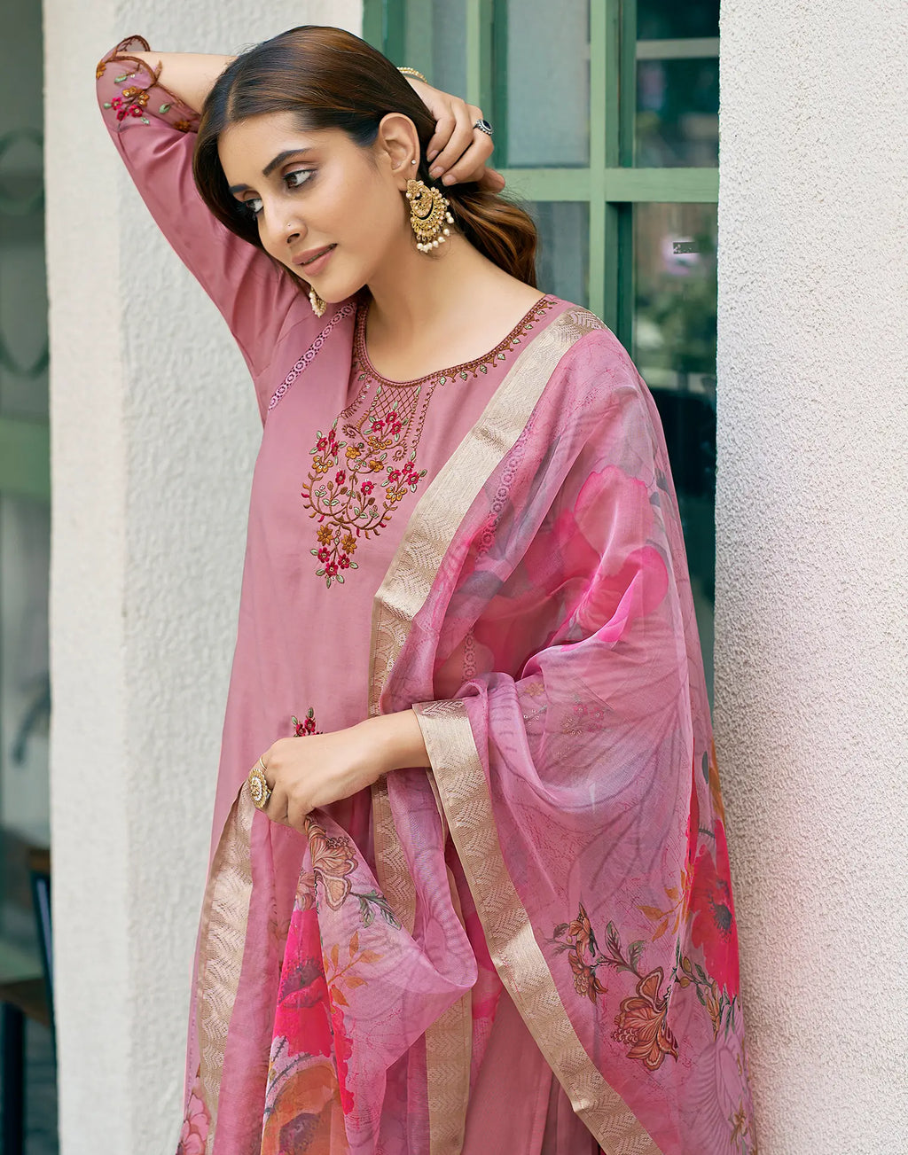 Silk Blend Embroidered Straight 3 Piece Kurta Set