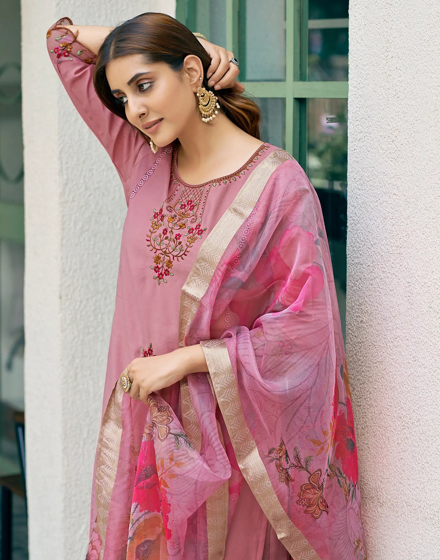 Silk Blend Embroidered Straight 3 Piece Kurta Set