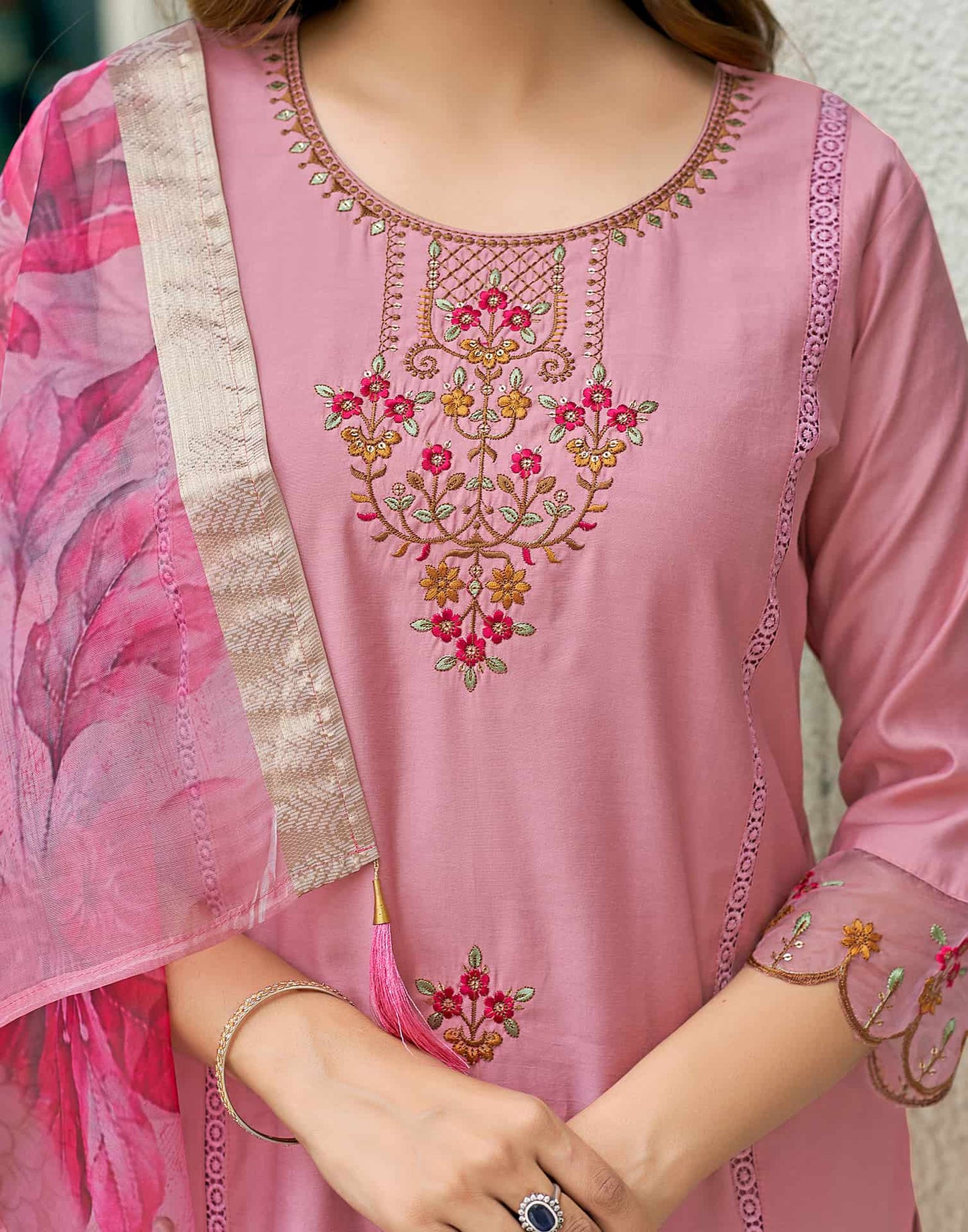 Silk Blend Sequence and Embroidery Work Straight Kurta with Pant & Dupatta