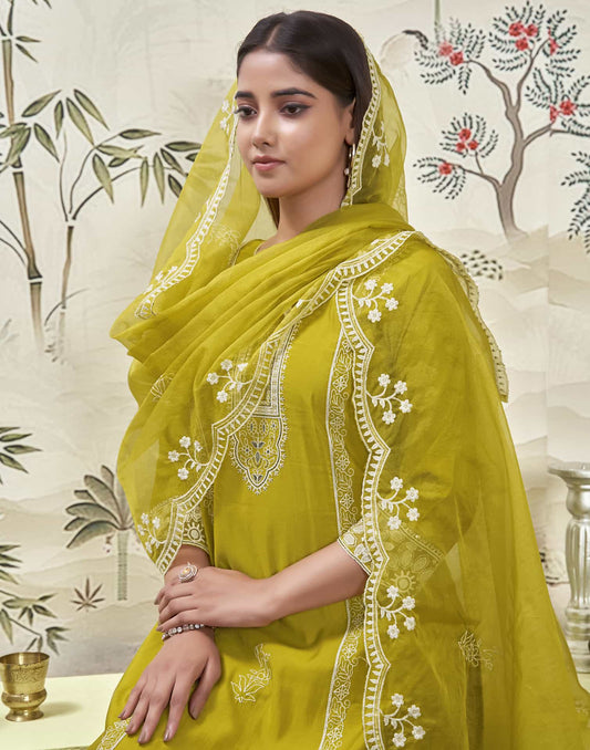 Silk Blend Embroidered Straight Kurta with Pant & Dupatta