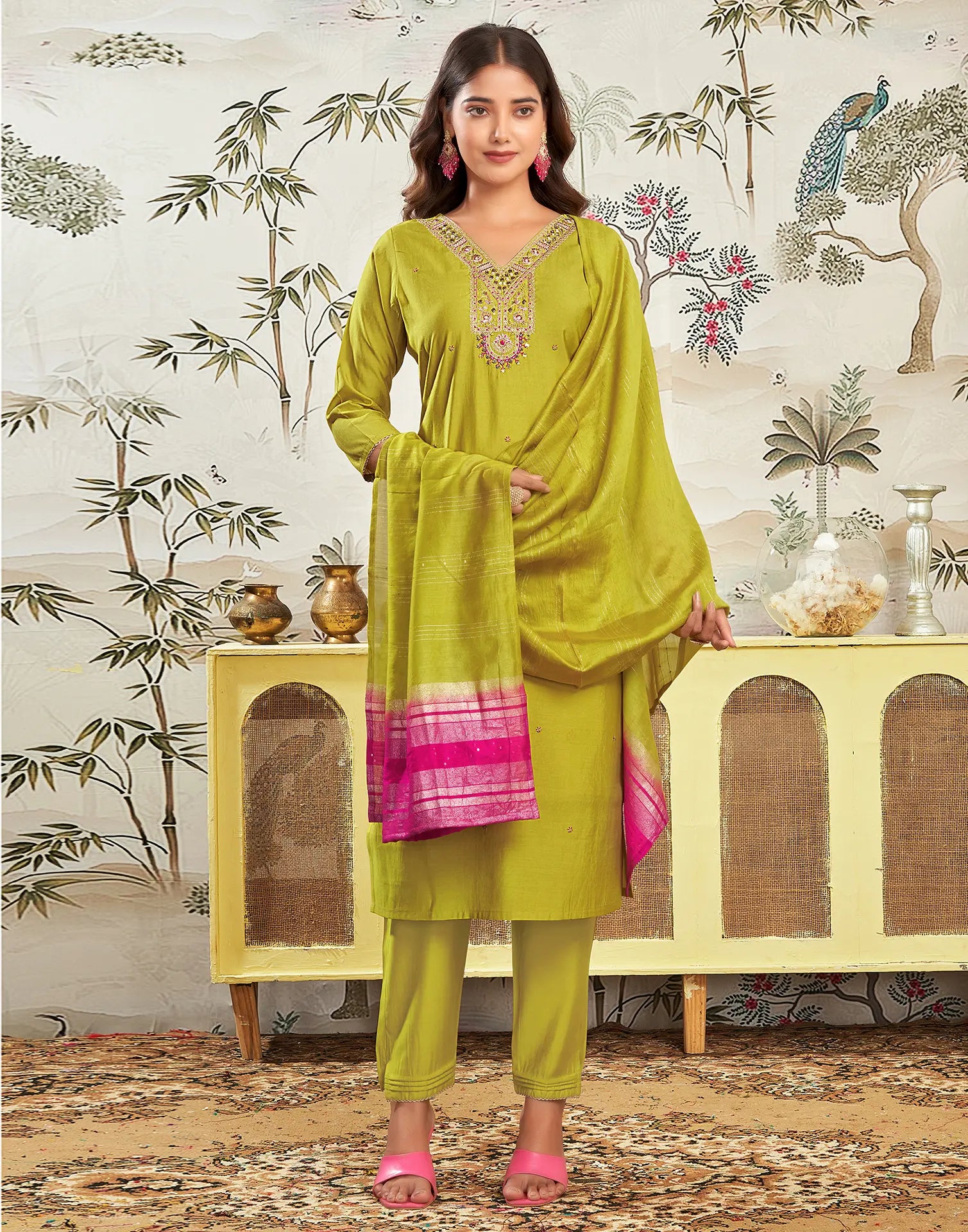Silk Embroidered Straight 3 Piece Kurta Set