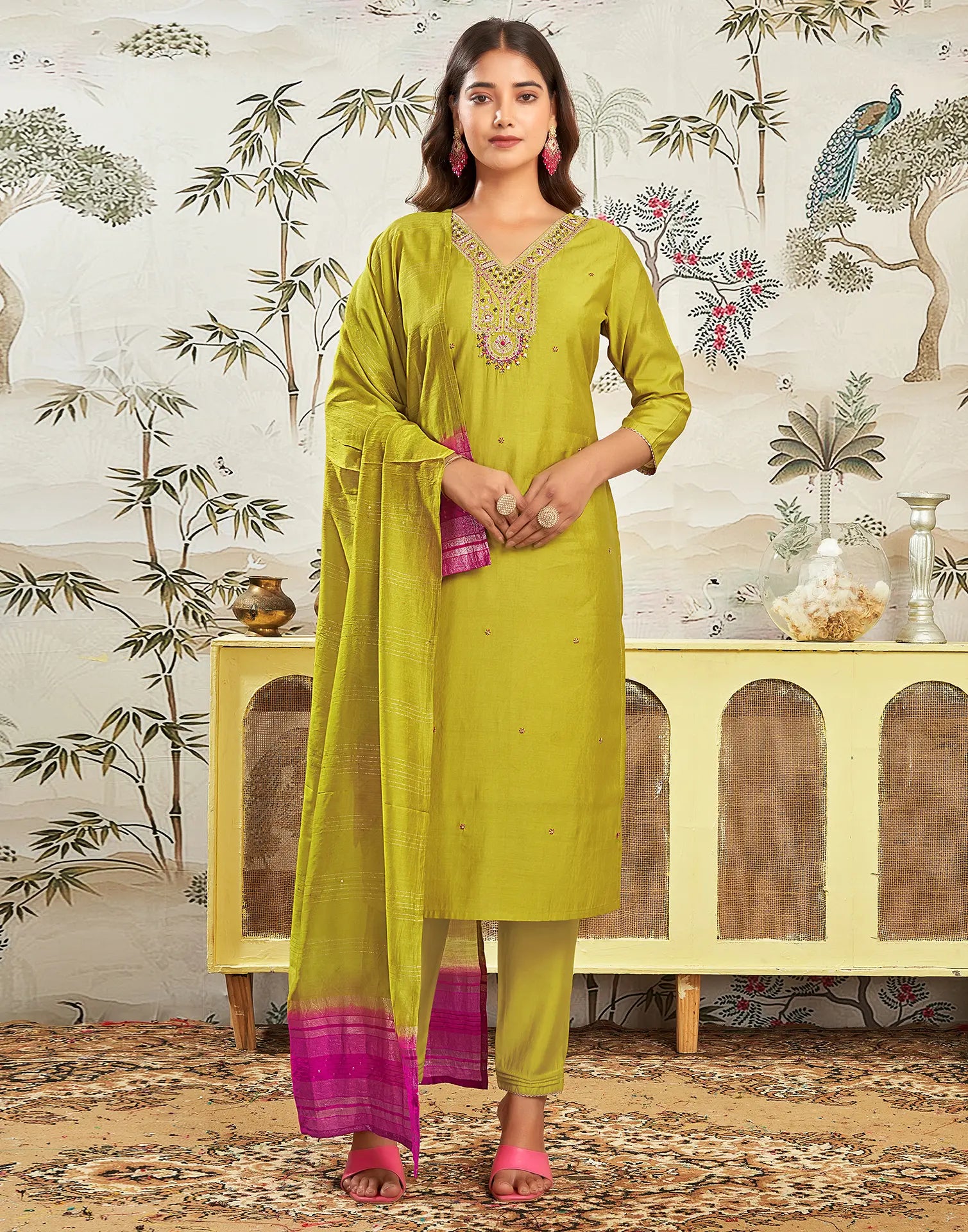 Silk Embroidered Straight 3 Piece Kurta Set