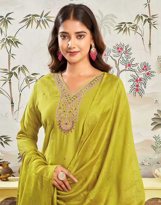 Silk Blend Embroidered Straight Kurta with Pant & Dupatta