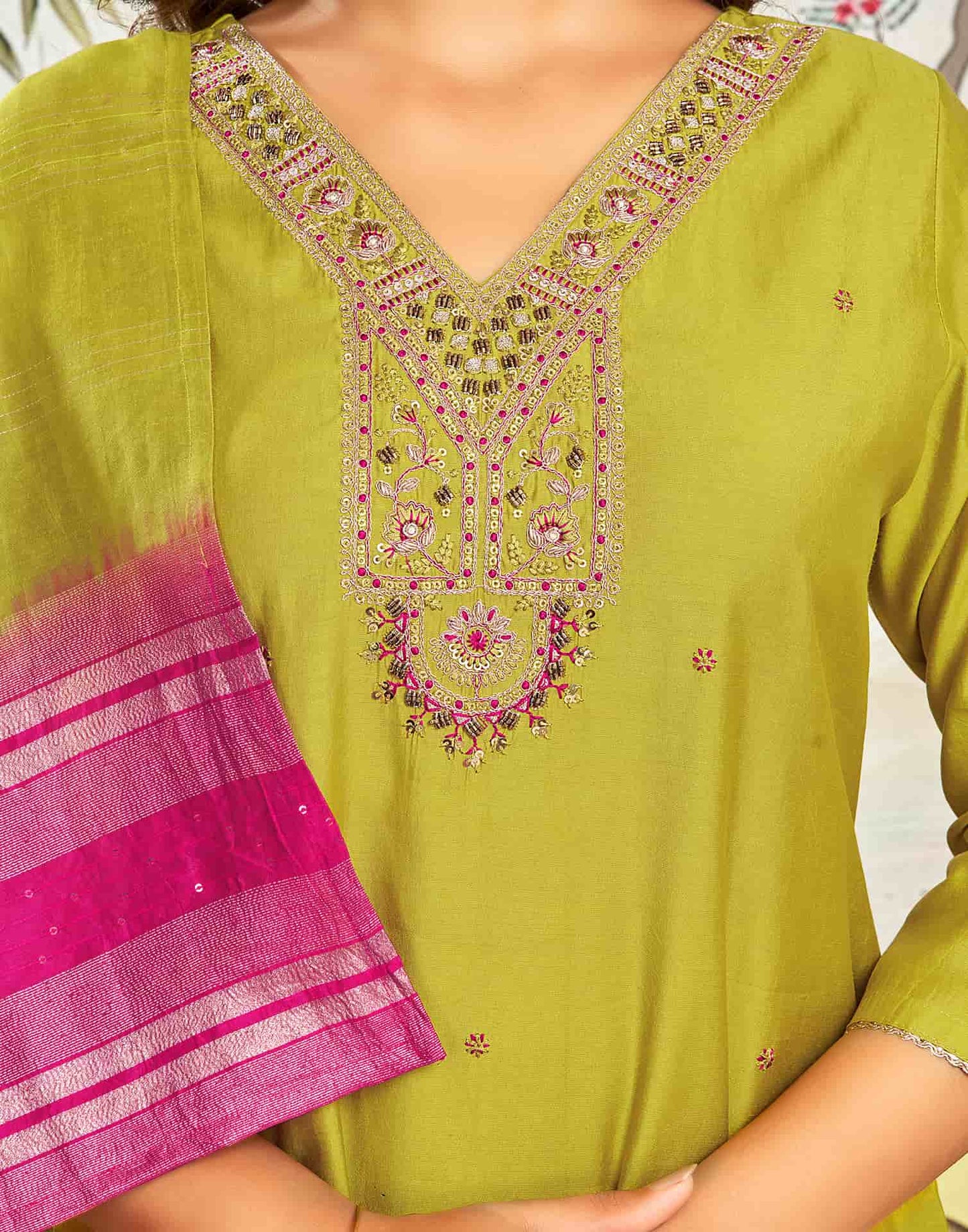 Silk Blend Embroidered Straight Kurta with Pant & Dupatta