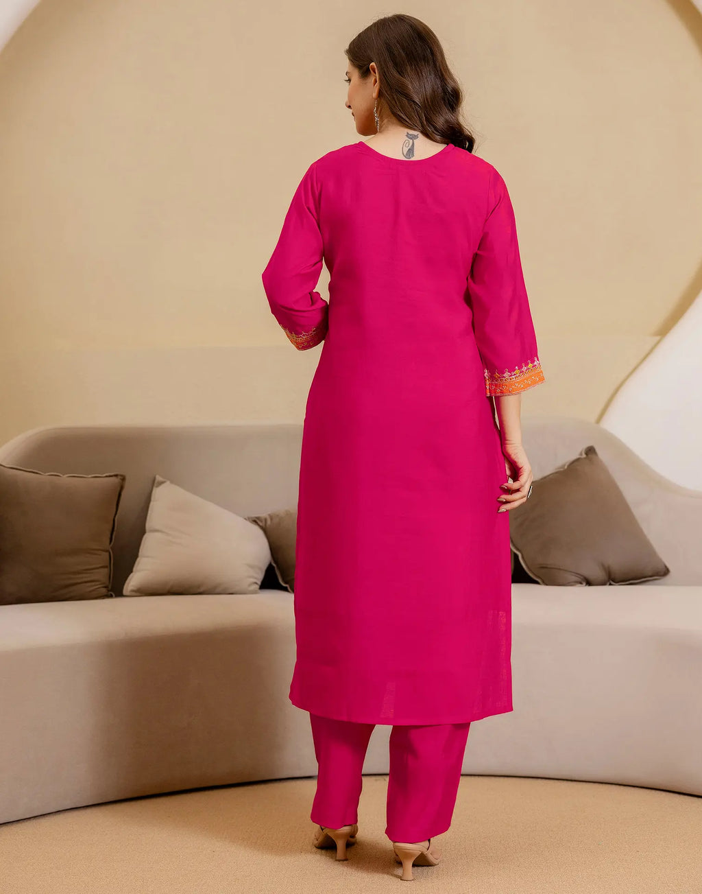 Silk Blend Embroidered Straight 3 Piece Kurta Set