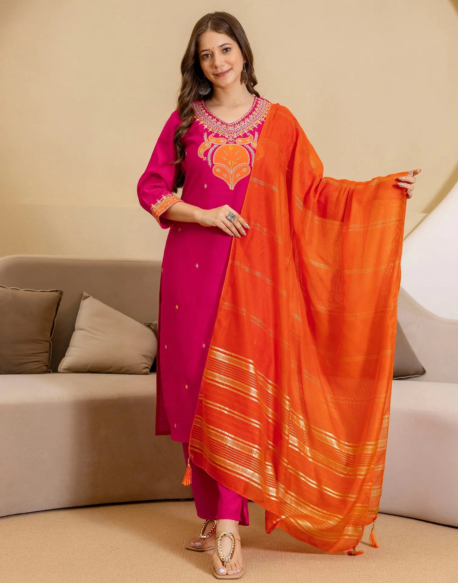 Silk Blend Embroidered Straight 3 Piece Kurta Set