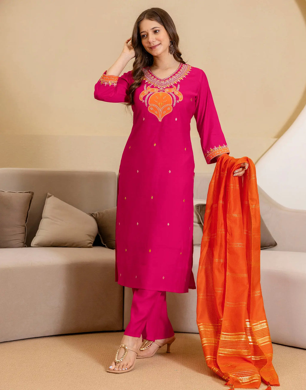 Silk Blend Embroidered Straight 3 Piece Kurta Set