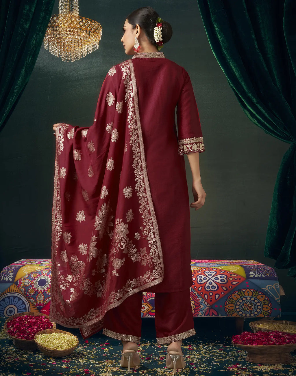 Silk Blend Embroidered Straight 3 Piece Kurta Set