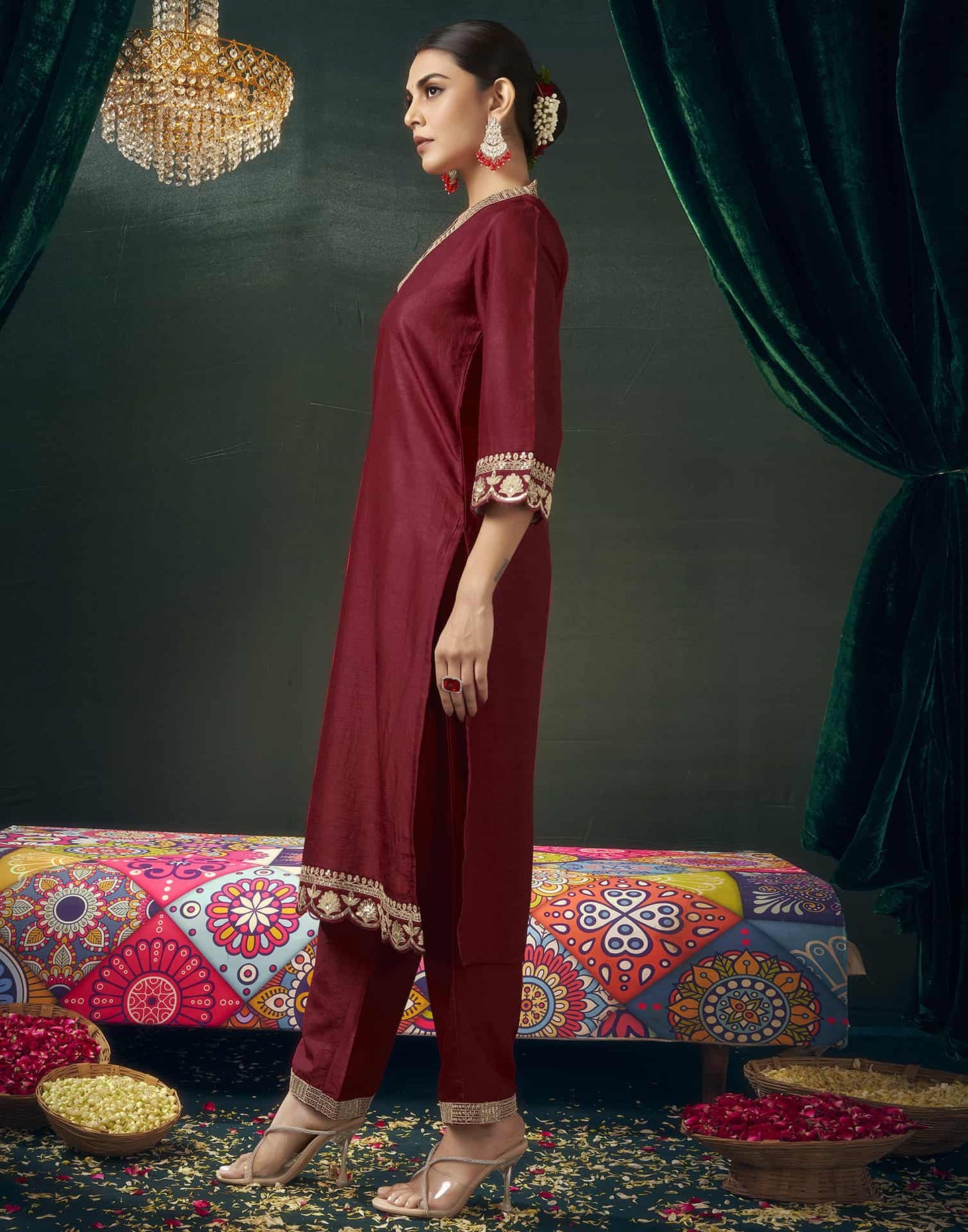 Silk Blend Embroidered Straight Kurta with Pant & Dupatta