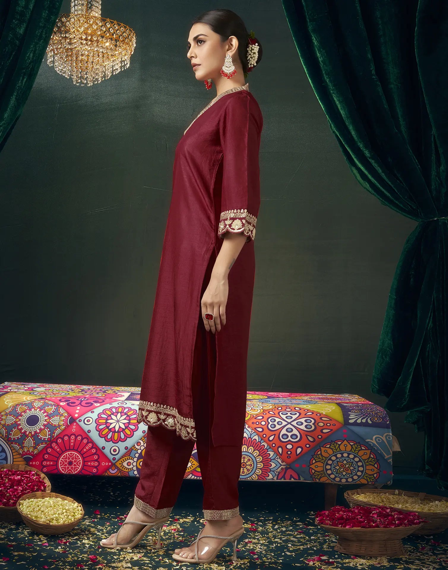 Silk Blend Embroidered Straight 3 Piece Kurta Set