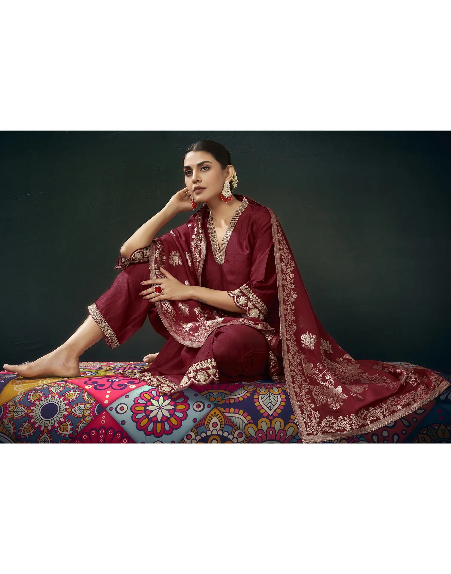 Silk Blend Embroidered Straight 3 Piece Kurta Set