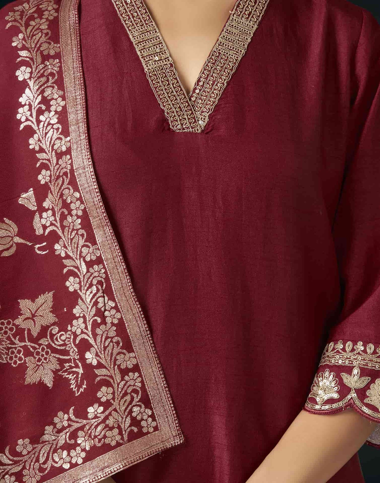 Silk Blend Embroidered Straight Kurta with Pant & Dupatta
