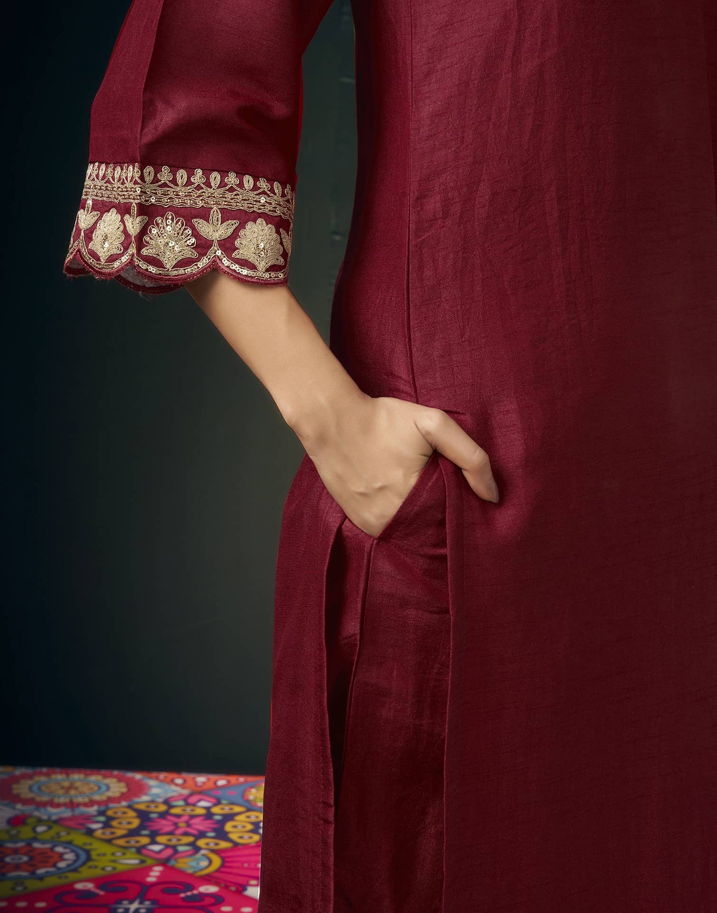 Silk Blend Embroidered Straight Kurta with Pant & Dupatta