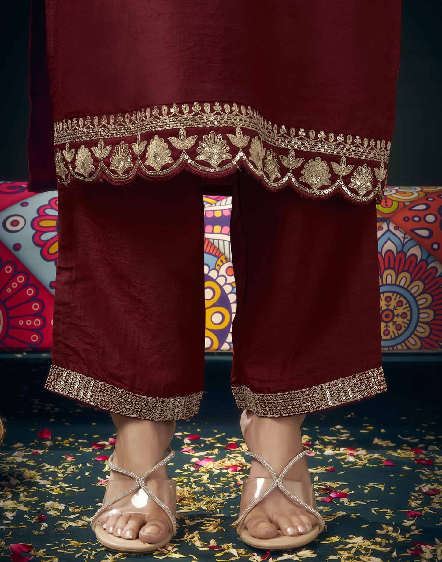 Silk Blend Embroidered Straight Kurta with Pant & Dupatta