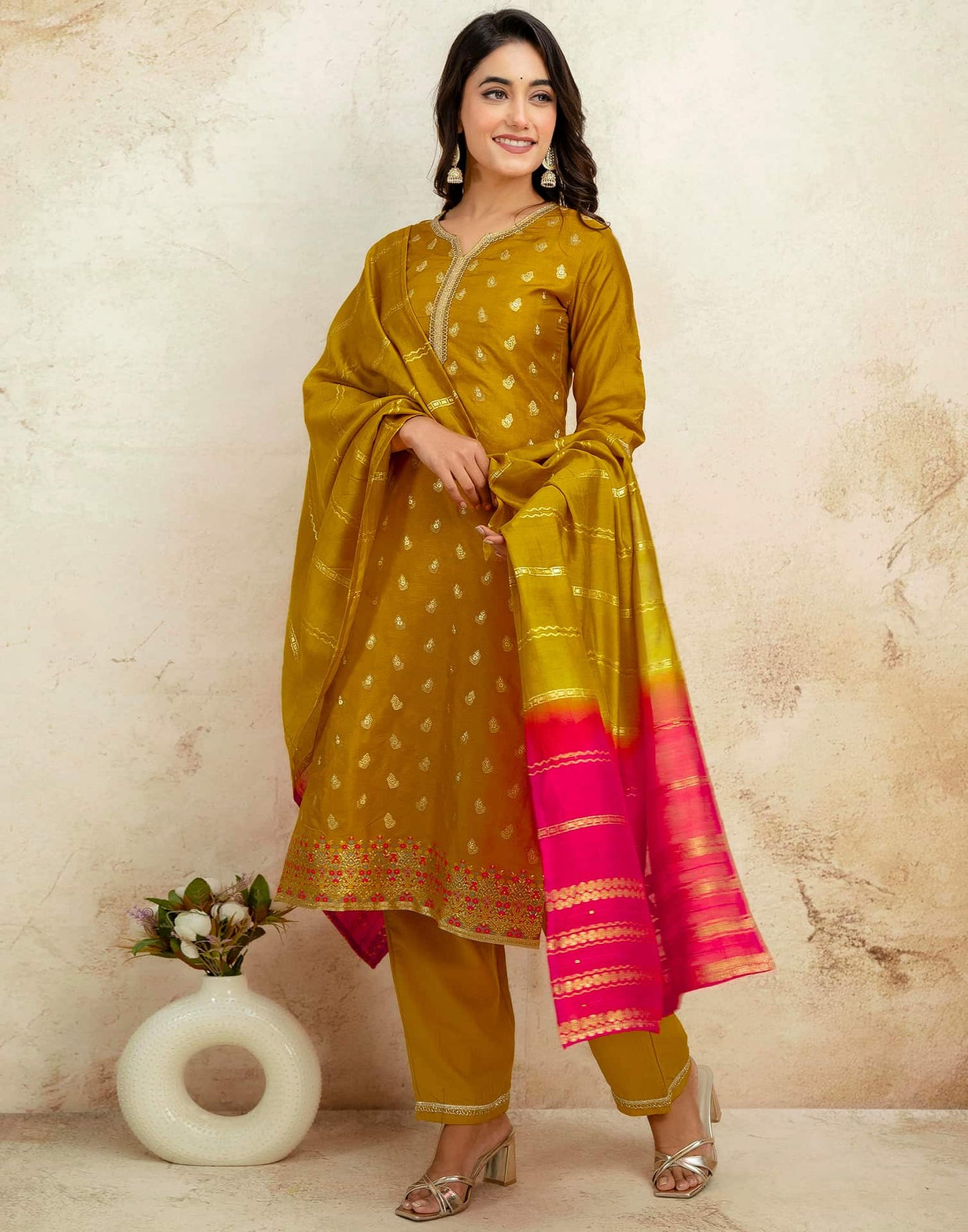 Silk Blend Weaving and Lace Straight Kurta with Pant & Dupatta