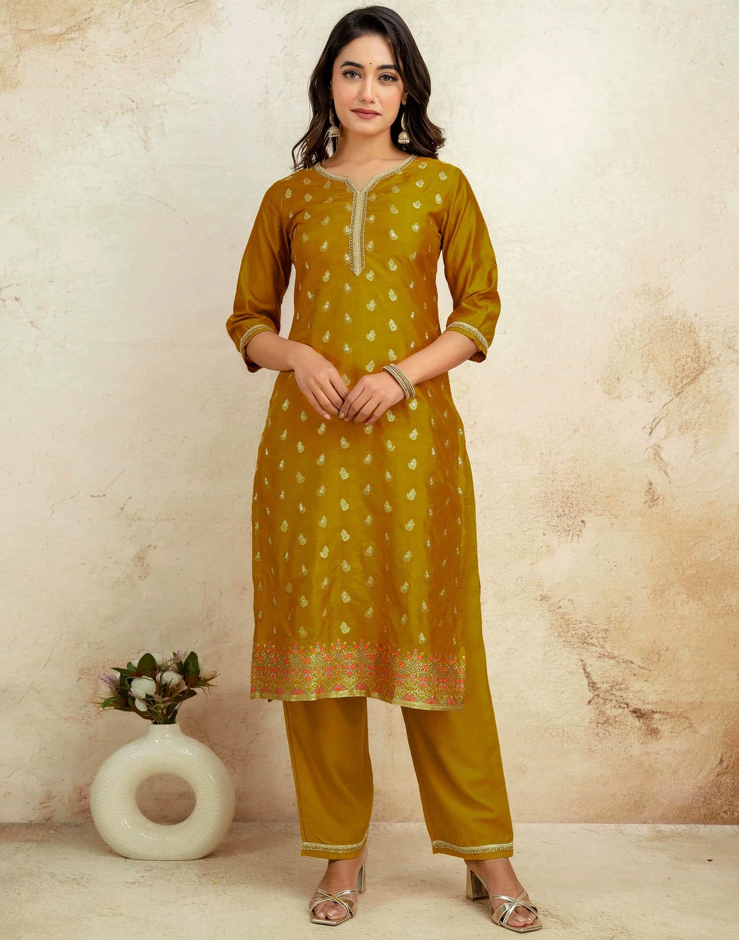 Silk Blend Weaving and Lace Straight Kurta with Pant & Dupatta