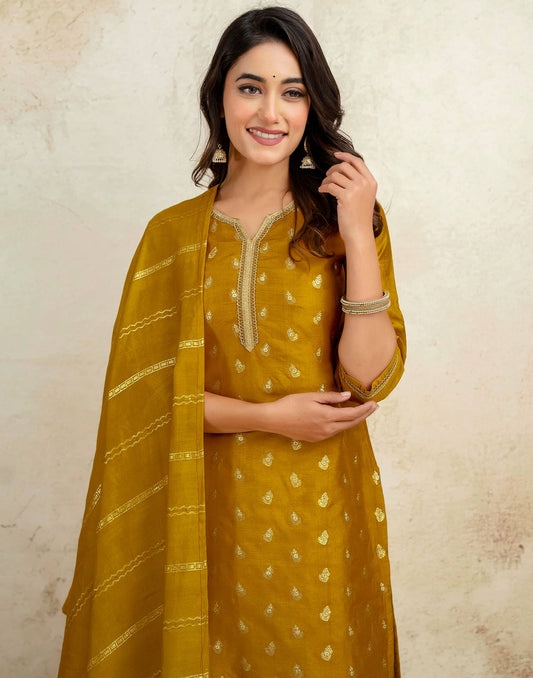 Silk Blend Weaving and Lace Straight Kurta with Pant & Dupatta