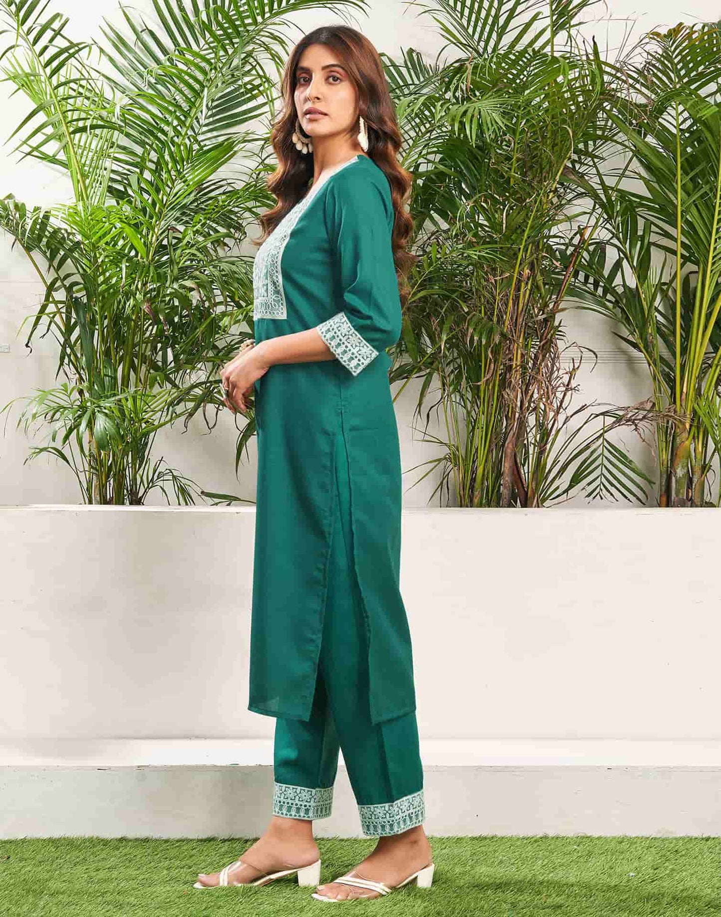 Cotton Blend Embroidered Straight Kurta with Pant & Dupatta