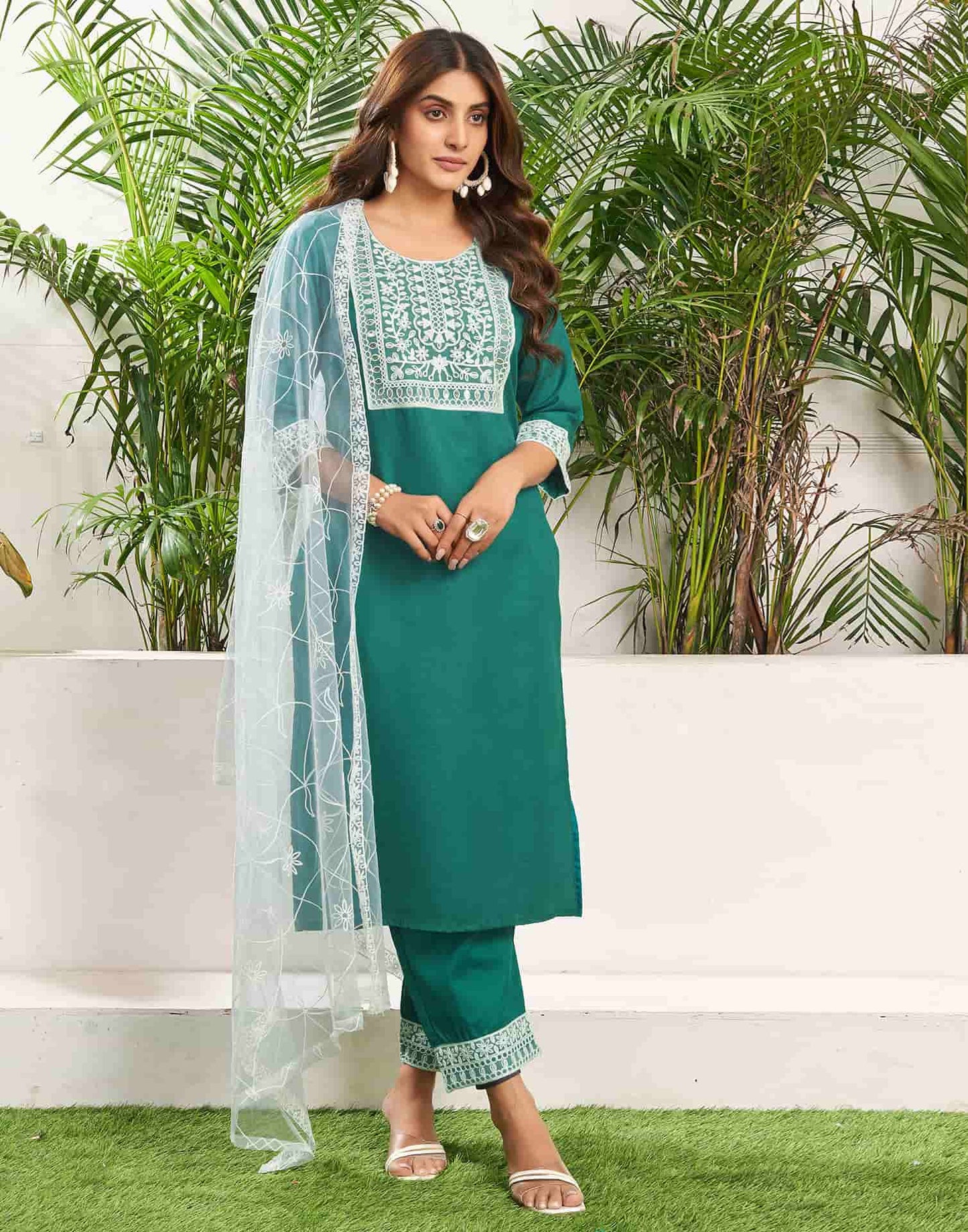 Cotton Blend Embroidered Straight Kurta with Pant & Dupatta